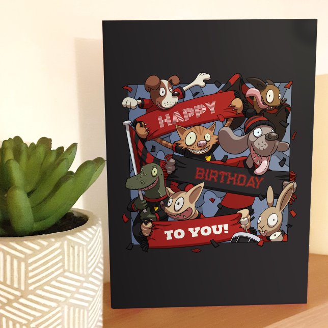 Happy Birthday To You Party Animals Black & Red Card (Creator Uploaded)