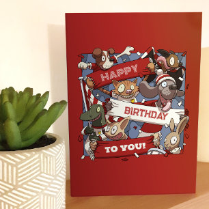 Happy Birthday To You Party Animals Red & White Card