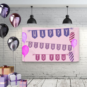 Happy Birthday To You Pink Bunting and Balloons Banner