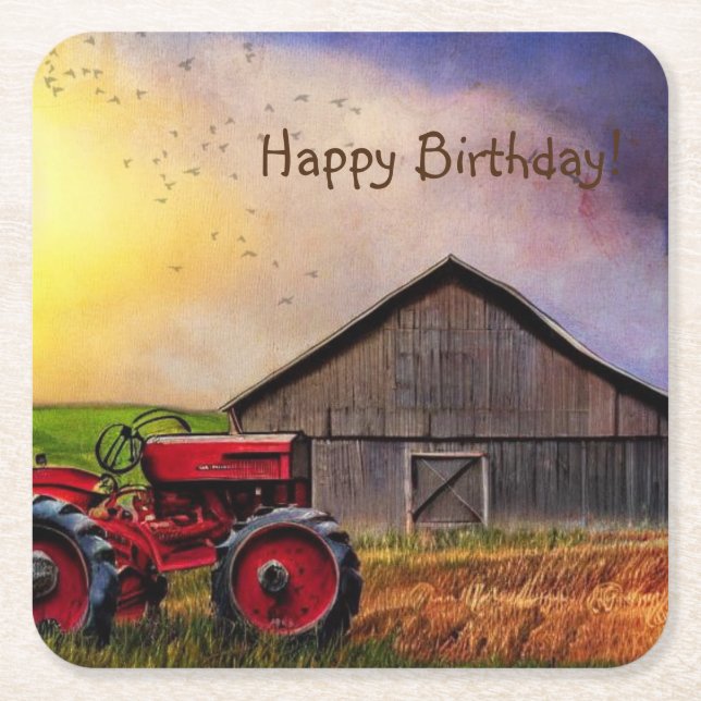 Happy Birthday Tractor and Barn Napkins Square Paper Coaster (Front)