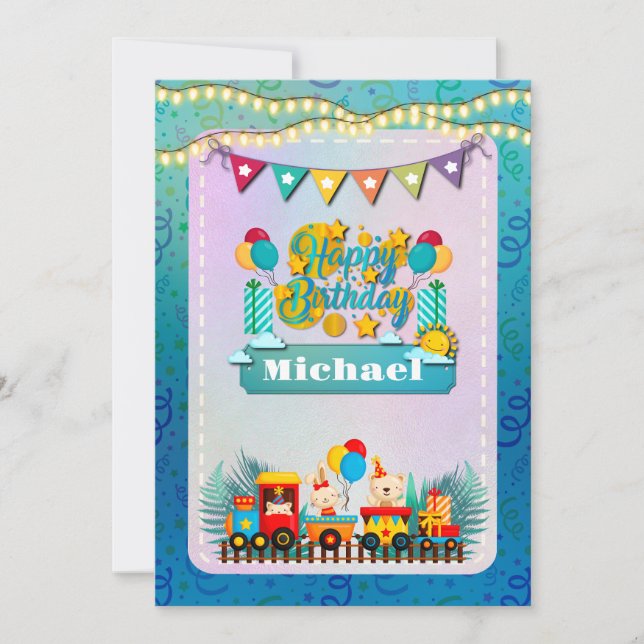 Happy Birthday Train With Cute Animals Wishes (Front)