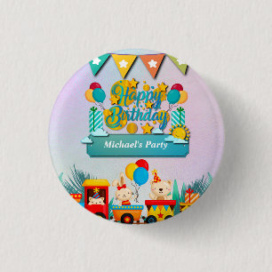 Happy Birthday Train With Cute Animals Wishes 3 Cm Round Badge