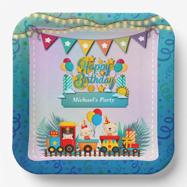 Happy Birthday Train With Cute Animals Wishes Paper Plate (Front)