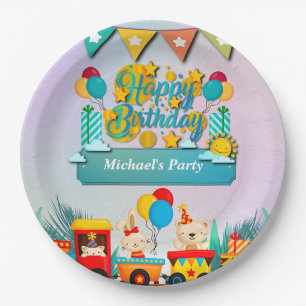 Happy Birthday Train With Cute Animals Wishes Paper Plate