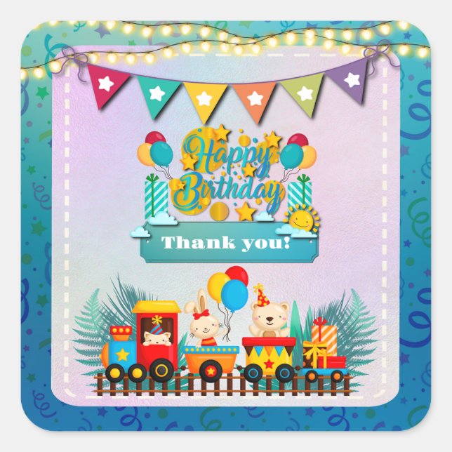 Happy Birthday Train With Cute Animals Wishes Square Sticker (Front)
