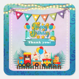 Happy Birthday Train With Cute Animals Wishes Square Sticker