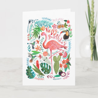 Happy Birthday Tropical Flamingo & Jungle Birds Card