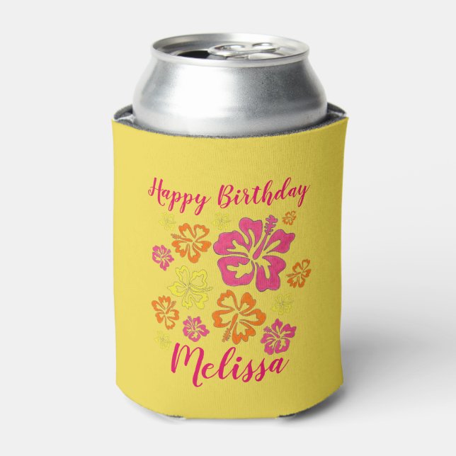 Happy Birthday Tropical Hawaiian Hibiscus Flowers Can Cooler (Can Front)