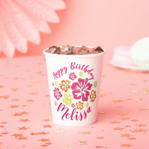 Happy Birthday Tropical Hawaiian Hibiscus Flowers Paper Cups