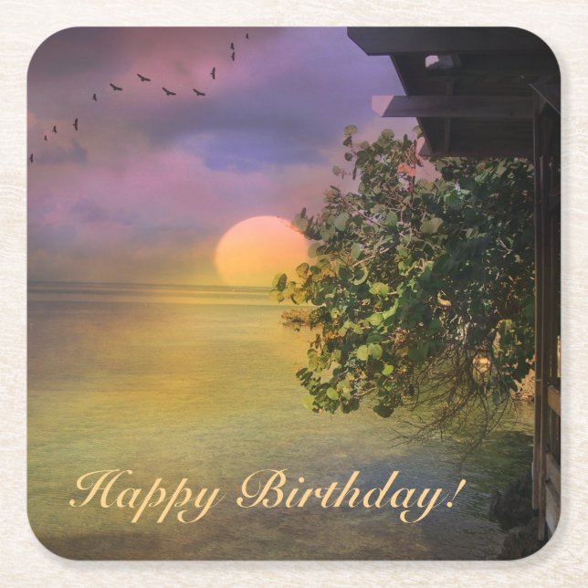 Happy Birthday Tropical Sunset Square Paper Coaster (Front)