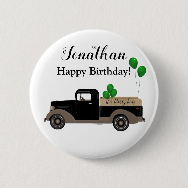 Happy Birthday Truck Balloons Button Pin (Front)