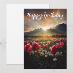 Happy Birthday Tulips and Mountains Holiday Card
