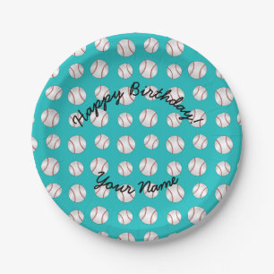 Happy Birthday turquoise baseball Paper Plate