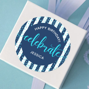 Happy Birthday Turquoise Glitter Script Navy White Classic Round Sticker