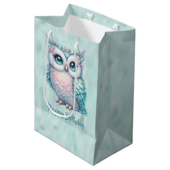 Happy Birthday Turquoise Owl on Shiny Aqua Medium Gift Bag (Front Angled)