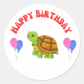 Happy Birthday Turtle Card with Balloons - Classic Round Sticker