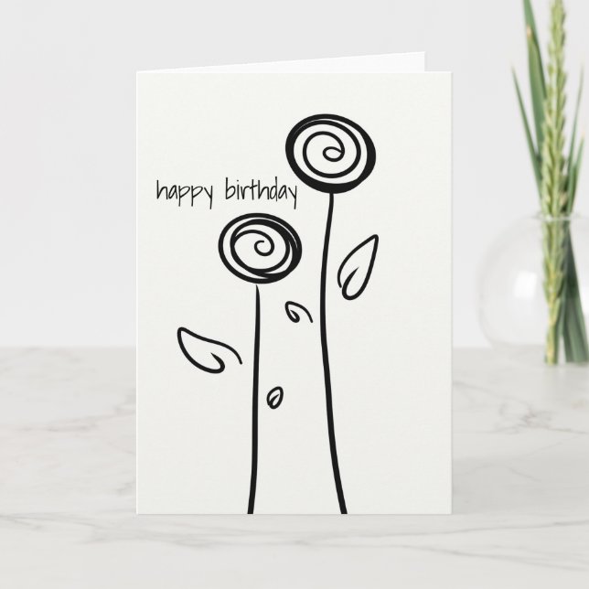 Happy Birthday Two Flowers Simple Line Drawing Card (Front)