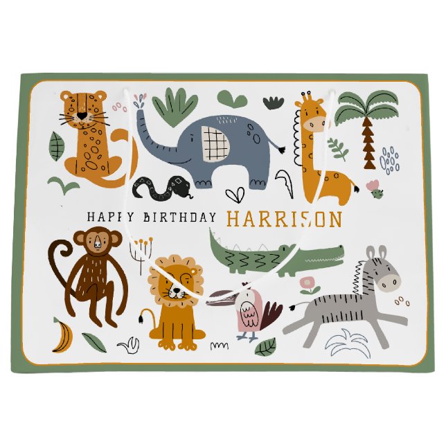 Happy Birthday Two Wild Safari Animals Kids Large Gift Bag (Front)