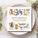 Happy Birthday Two Wild Safari Animals Kids Napkin<br><div class="desc">Happy Birthday Two Wild 2nd Birthday Safari Animals Cute Kids Birthday Party Paper Napkins features whimsical giraffe, elephant, lion, zebra, leopard, monkey, snake, crocodile, cute and colourful wild animals with the text in modern black and mustard typography script. Perfect for boys or girls, kids second birthday party celebrations. Designed by...</div>