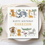 Happy Birthday Two Wild Safari Animals Kids Napkin<br><div class="desc">Happy Birthday Two Wild 2nd Birthday Safari Animals Cute Kids Birthday Party Paper Napkins features whimsical giraffe, elephant, lion, zebra, leopard, monkey, snake, crocodile, cute and colourful wild animals with the text in modern black and mustard typography script. Perfect for boys or girls, kids second birthday party celebrations. Designed by...</div>