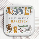 Happy Birthday Two Wild Safari Animals Kids Paper Plate<br><div class="desc">Happy Birthday Two Wild 2nd Birthday Safari Animals Cute Kids Birthday Paper Party Plates features whimsical giraffe, elephant, lion, zebra, leopard, monkey, snake, crocodile, cute and colourful wild animals with the text in modern black and mustard typography script. Perfect for boys or girls, kids second birthday party celebrations. Designed by...</div>