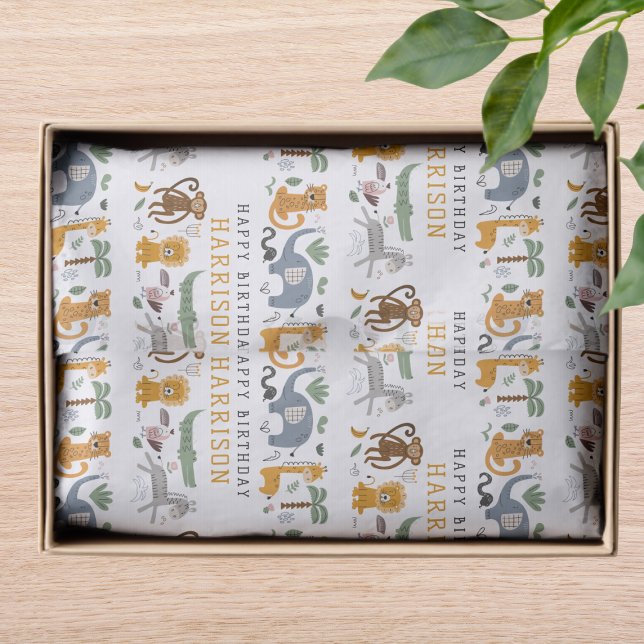 Happy Birthday Two Wild Safari Animals Personalise Tissue Paper (Creator Uploaded)