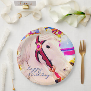Happy Birthday Type Carnival Carousel Horse Photo Paper Plate