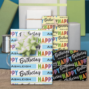 Happy Birthday Typography Name Wrapping Paper Sheet