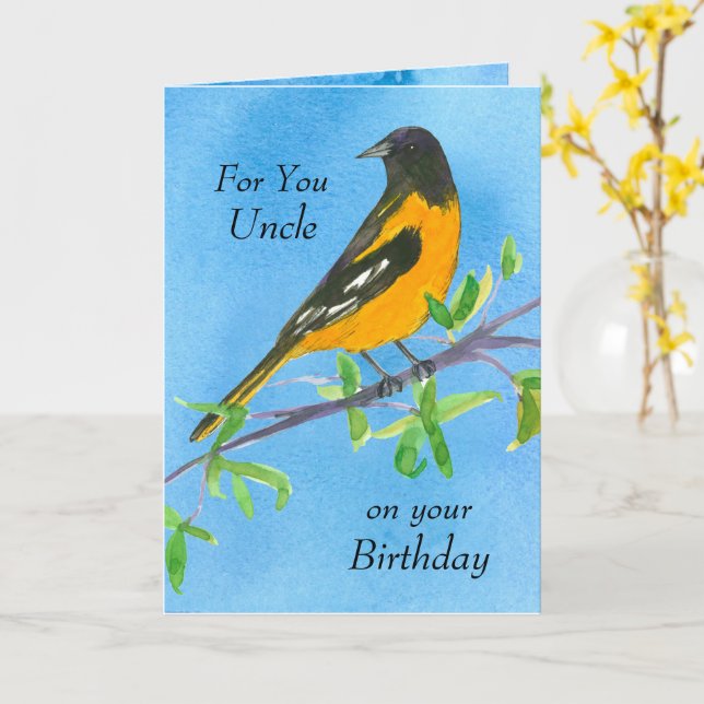 Happy Birthday Uncle Baltimore Oriole Bird Card (Yellow Flower)