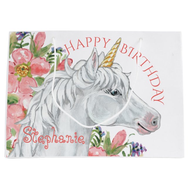 Happy Birthday Unicorn Cute Floral Personalised Large Gift Bag (Front)