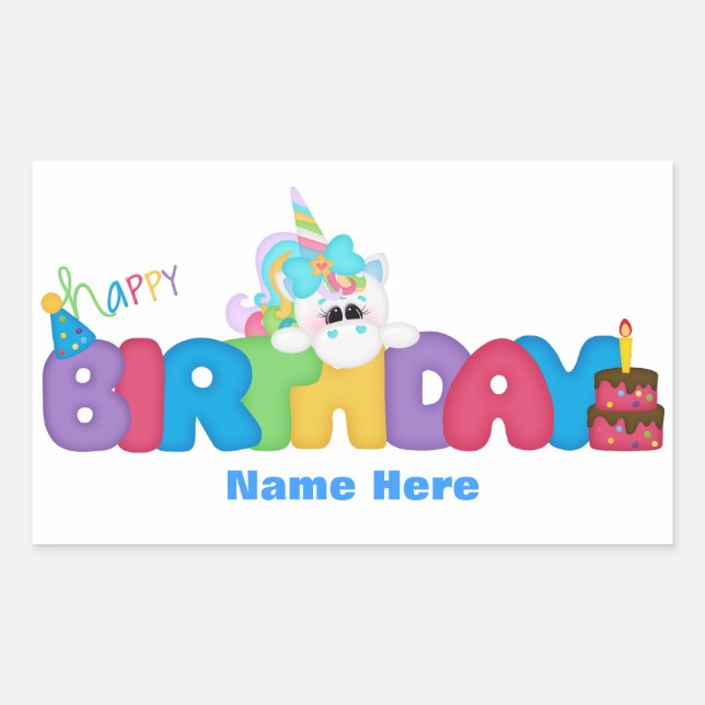 Happy Birthday Unicorn (personalised) Rectangular Sticker (Front)