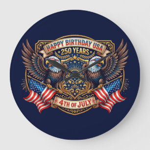 Happy Birthday USA 250 Years Patriotic Eagles Large Clock