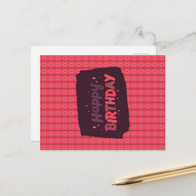 Happy Birthday Vertical Stringed Ornaments Pink Postcard (Front/Back In Situ)