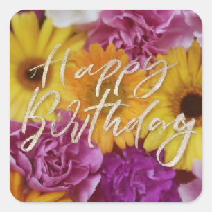 Happy Birthday Vibrant Colourful Spring Flowers Square Sticker