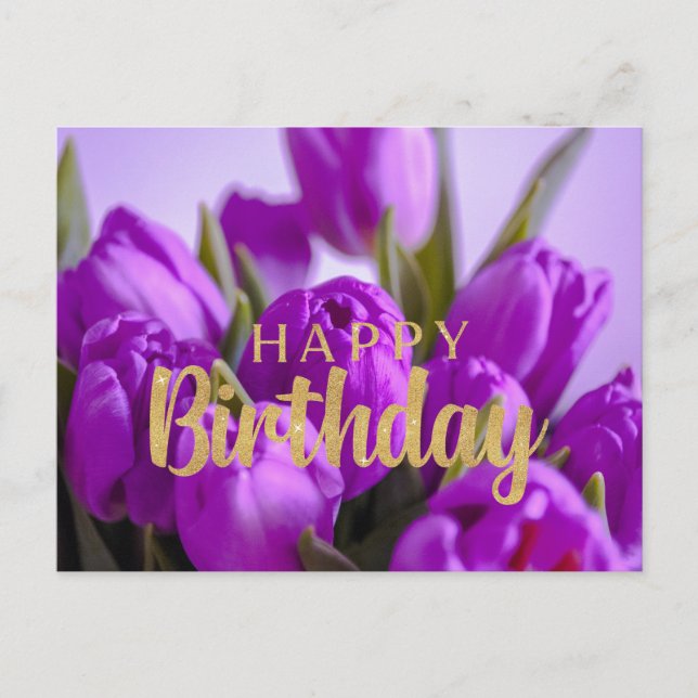 Happy Birthday Vibrant Purple Tulip Flowers  Postcard (Front)