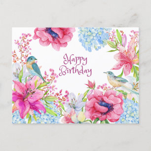 Happy Birthday Vibrant Watercolor Flowers & Birds Postcard