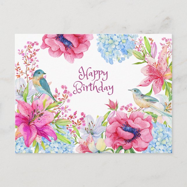 Happy Birthday Vibrant Watercolor Flowers & Birds Postcard (Front)