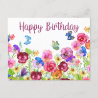 Happy Birthday Vibrant Watercolor Pansy Flowers 