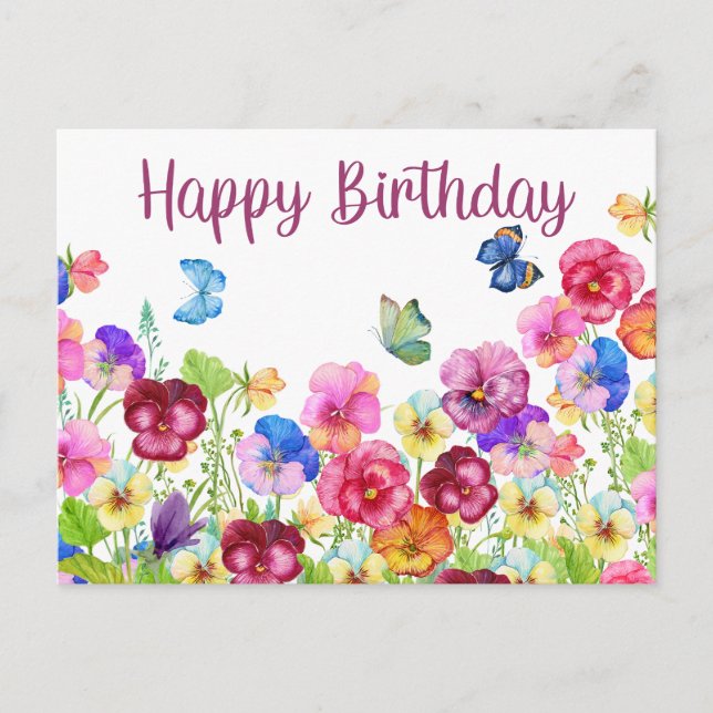 Happy Birthday Vibrant Watercolor Pansy Flowers  Postcard (Front)