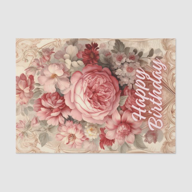 Happy Birthday Victorian Roses Illustration Tissue Paper (Front)