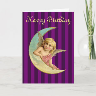 Happy Birthday - Vintage angel on a crescent moon Card