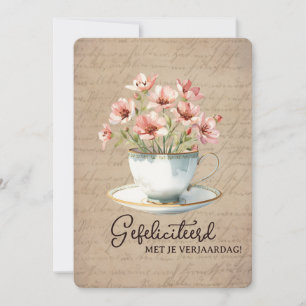 Happy Birthday Vintage Flowers Teacup Anniversary Holiday Card