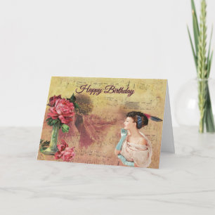 Happy Birthday Vintage Lady with Roses  Card