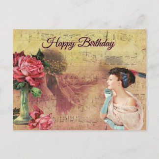 Happy Birthday Vintage Lady with Roses Postcard