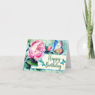 Happy Birthday Vintage Roses and Butterflies Card