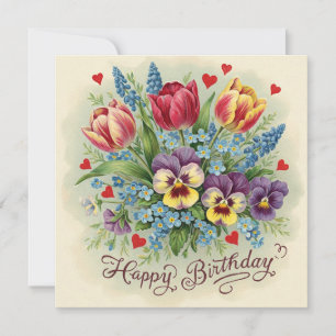 Happy Birthday Vintage Spring Flower Bouquet  Card