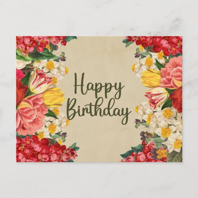 Happy Birthday Vintage Spring Flowers  Postcard (Front)