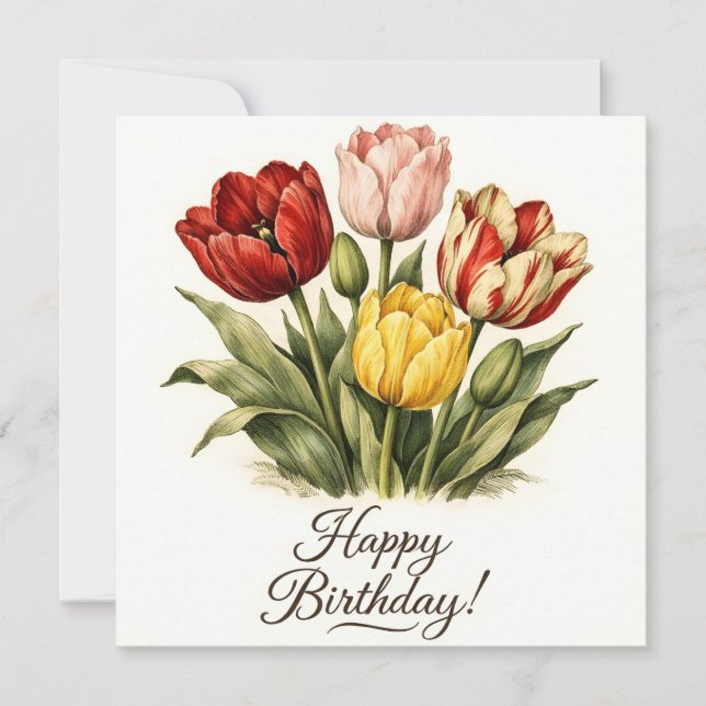 Happy Birthday Vintage Tulip Flowers Card (Front)