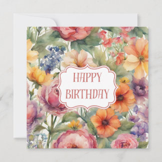Happy Birthday Vintage Watercolor Garden Flowers  Card