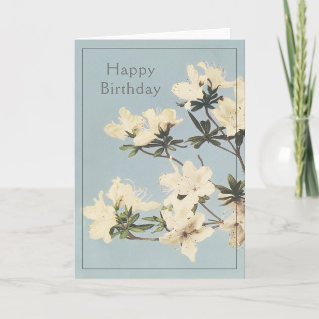 Happy Birthday Vintage White Cream Azalea Flowers Card (Front)